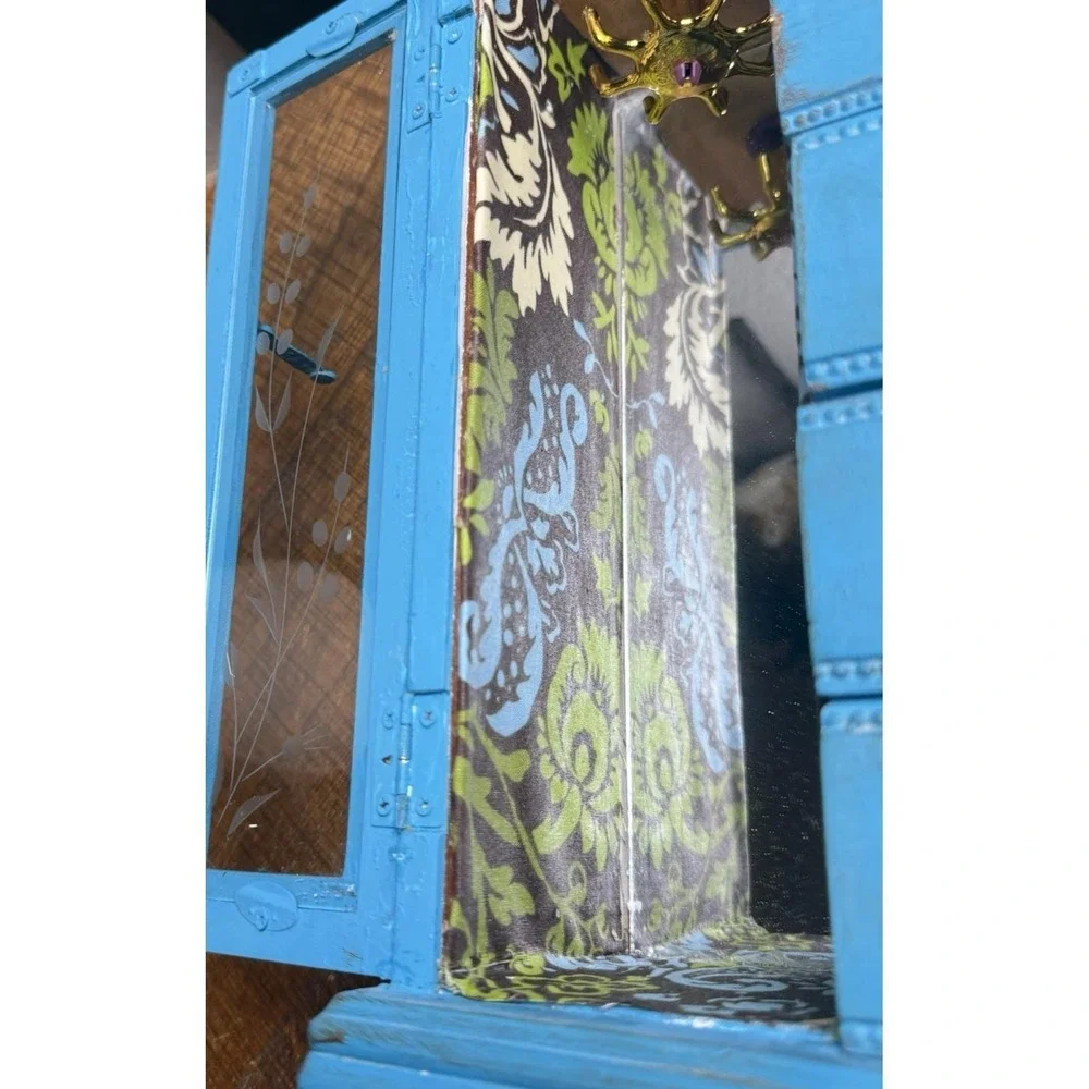 Upcycled Shabby Chic Turquoise Vintage Wood Jewelry Box Chest Armoire 5 Drawer